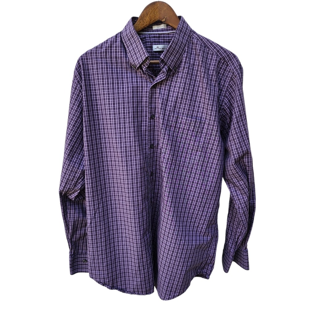 PETER MILLAR Button Down Long Sleeve Cotton Grid Checks Shirt Purple -Men's L